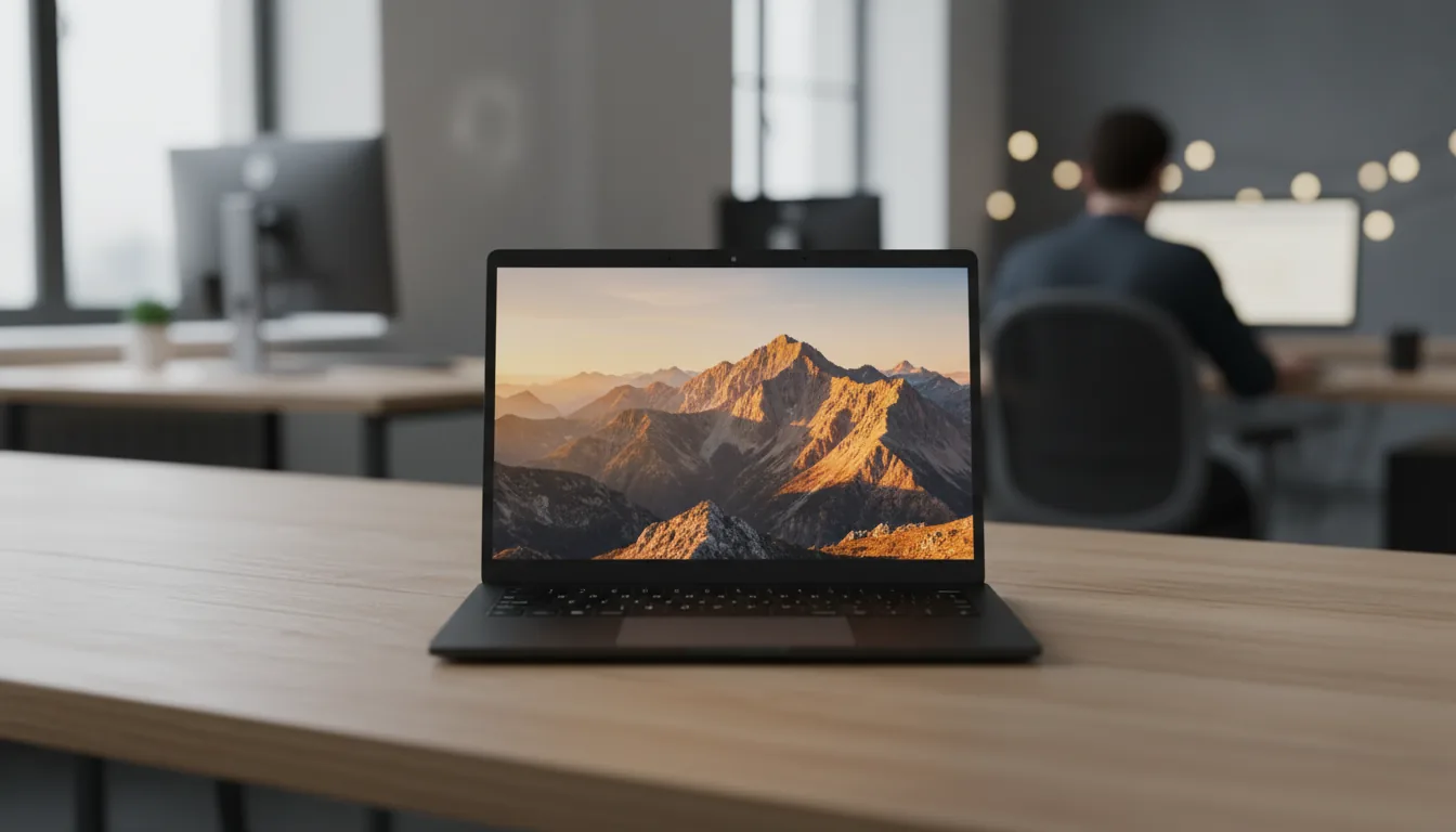 DSLR photograph of a modern, matte black laptop resting on a light-grained wooden desk in a busy creative studio office. The laptop is open, its high-resolution screen displaying a vibrant wallpaper of a sunlit mountain landscape with yellow and grey terrain. The screen has a visible camera notch at the top. The scene is illuminated by soft, natural daylight. The background is out of focus with a soft bokeh effect, showing other desks, computer monitors, and a person working, creating a professional, productive atmosphere. The focus is sharp on the laptop, emphasizing its sleek design and the texture of the wooden desk.