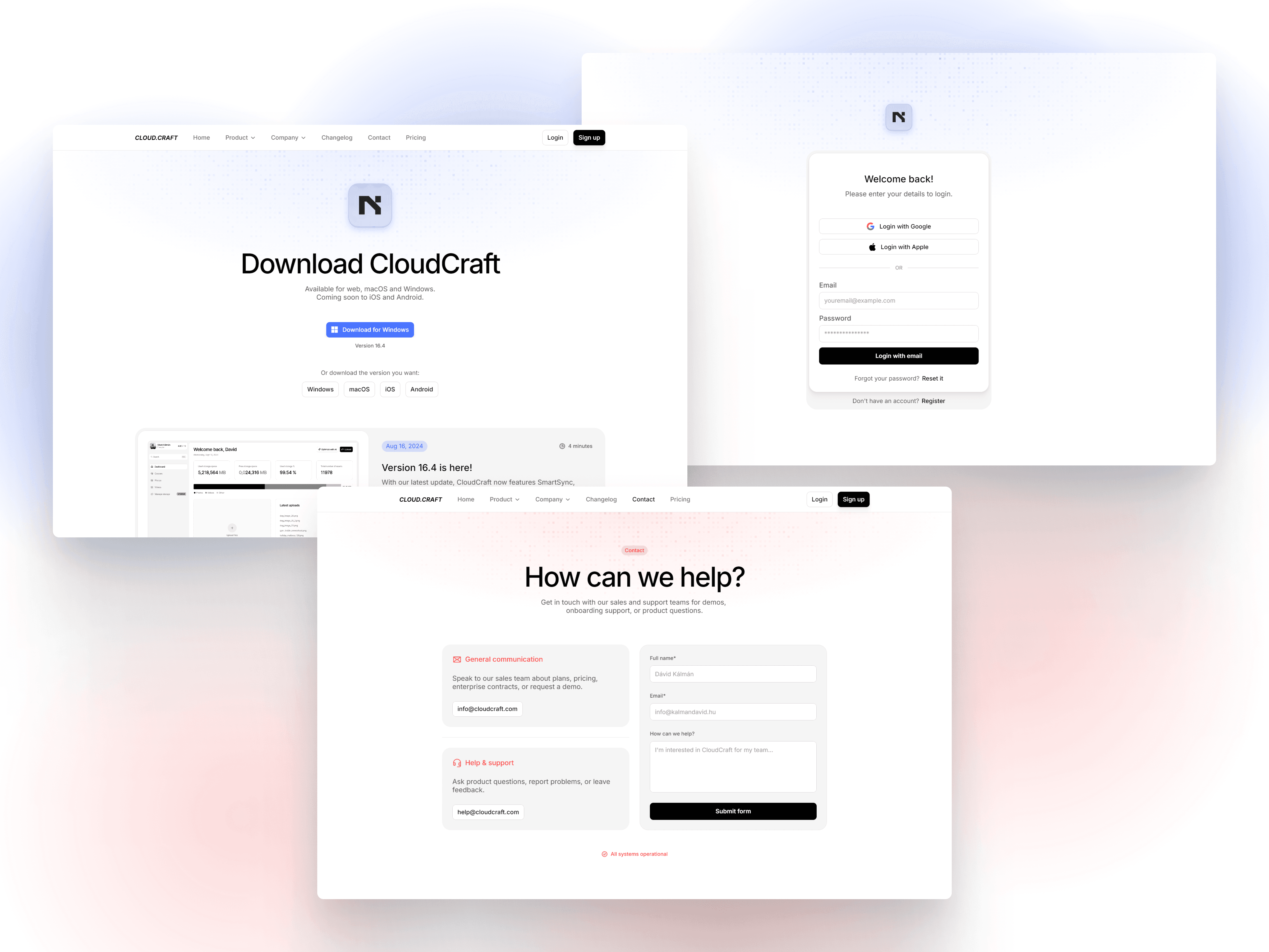 Cloudcraft - SaaS Framer template download, contact, and signup/login pages design