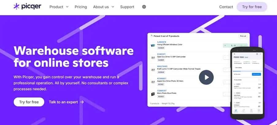 Pantallazo del sitio web de la app de Picqer para la gestión de inventario y de almacén.