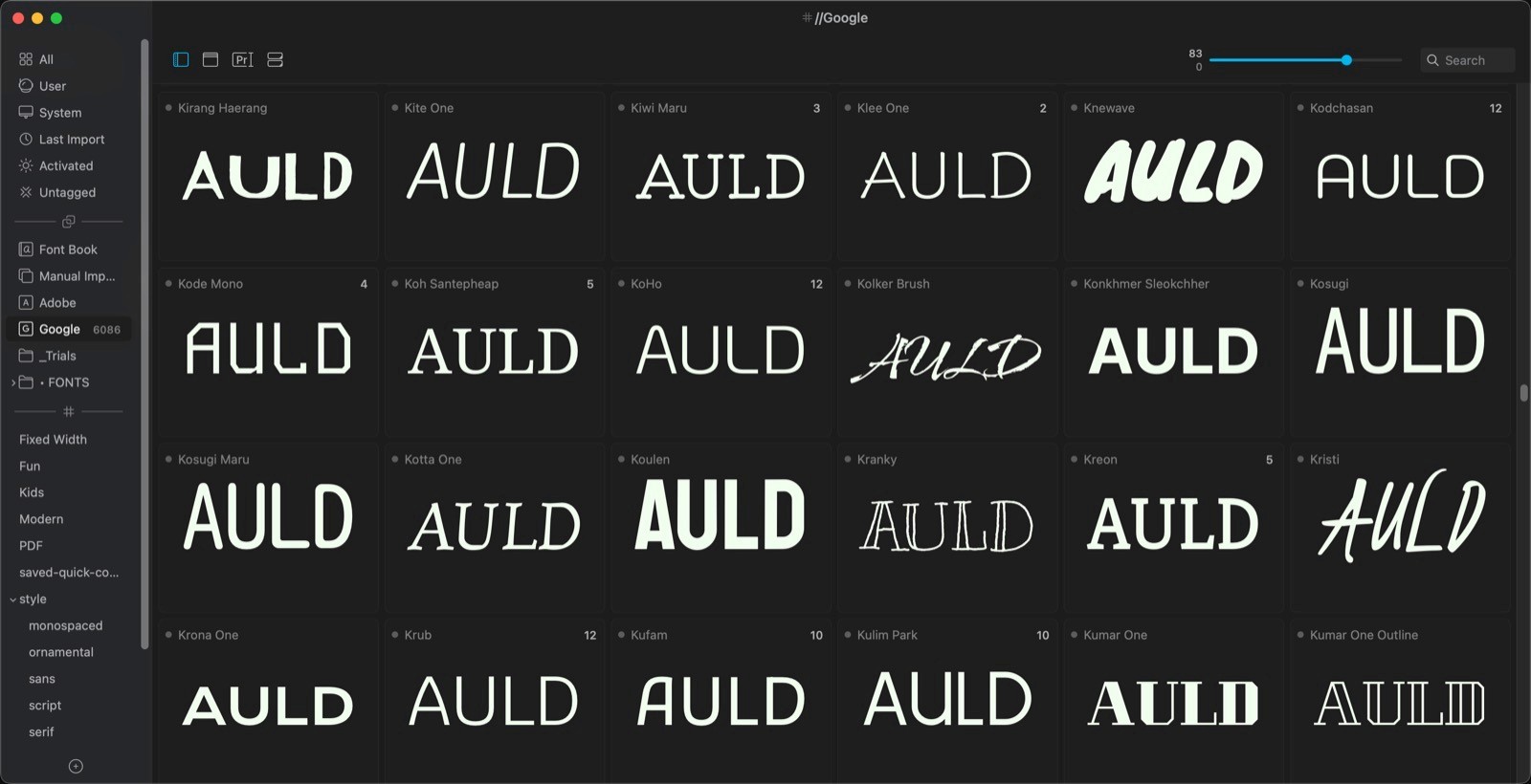 Typeface showing AULD previewed across a collection of fonts.