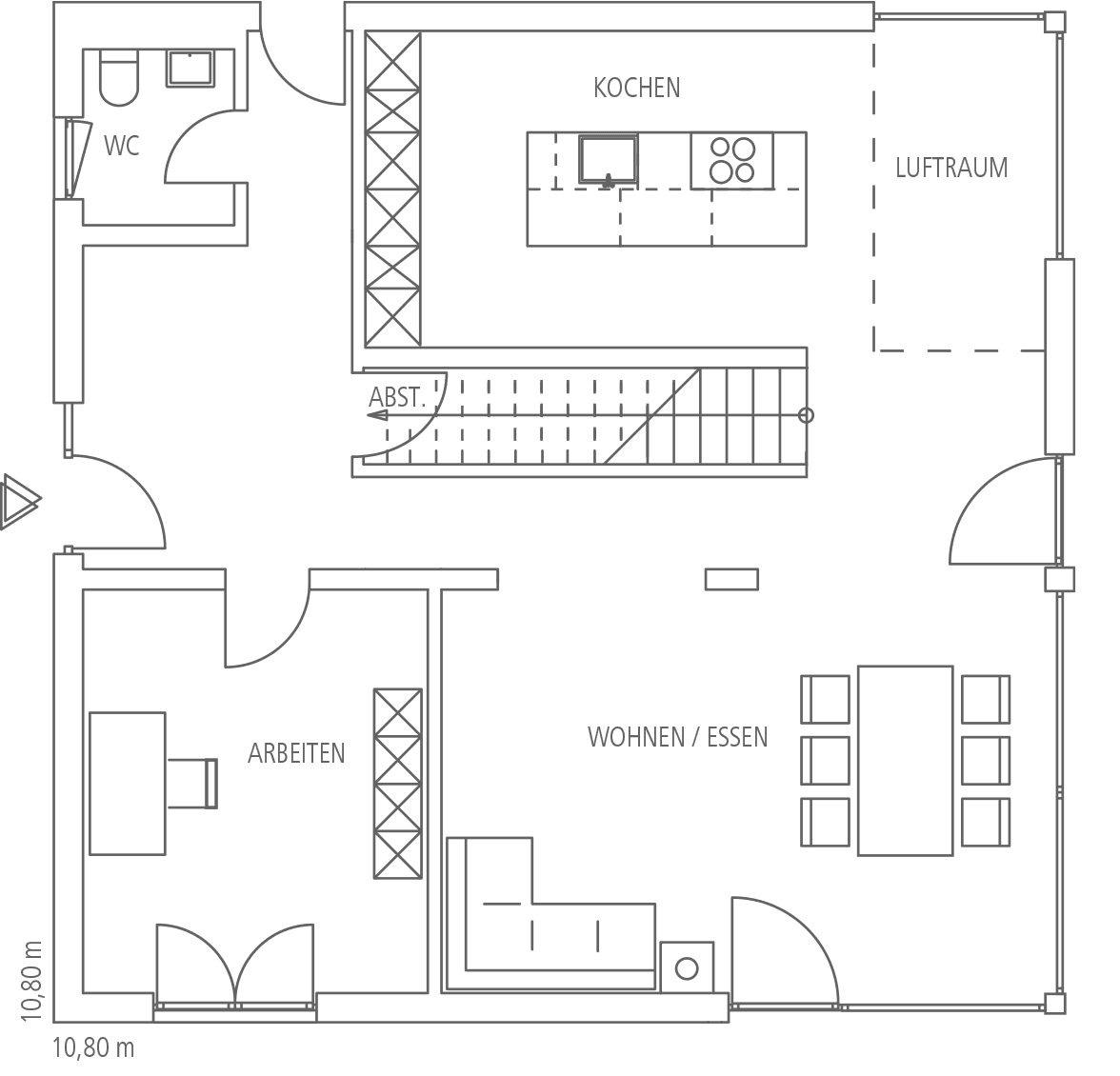 Grundriss EG: Küche, Wohn-/Essbereich, Büro, WC, Abstellraum und Treppenhaus. 10,80 x 10,80 m.