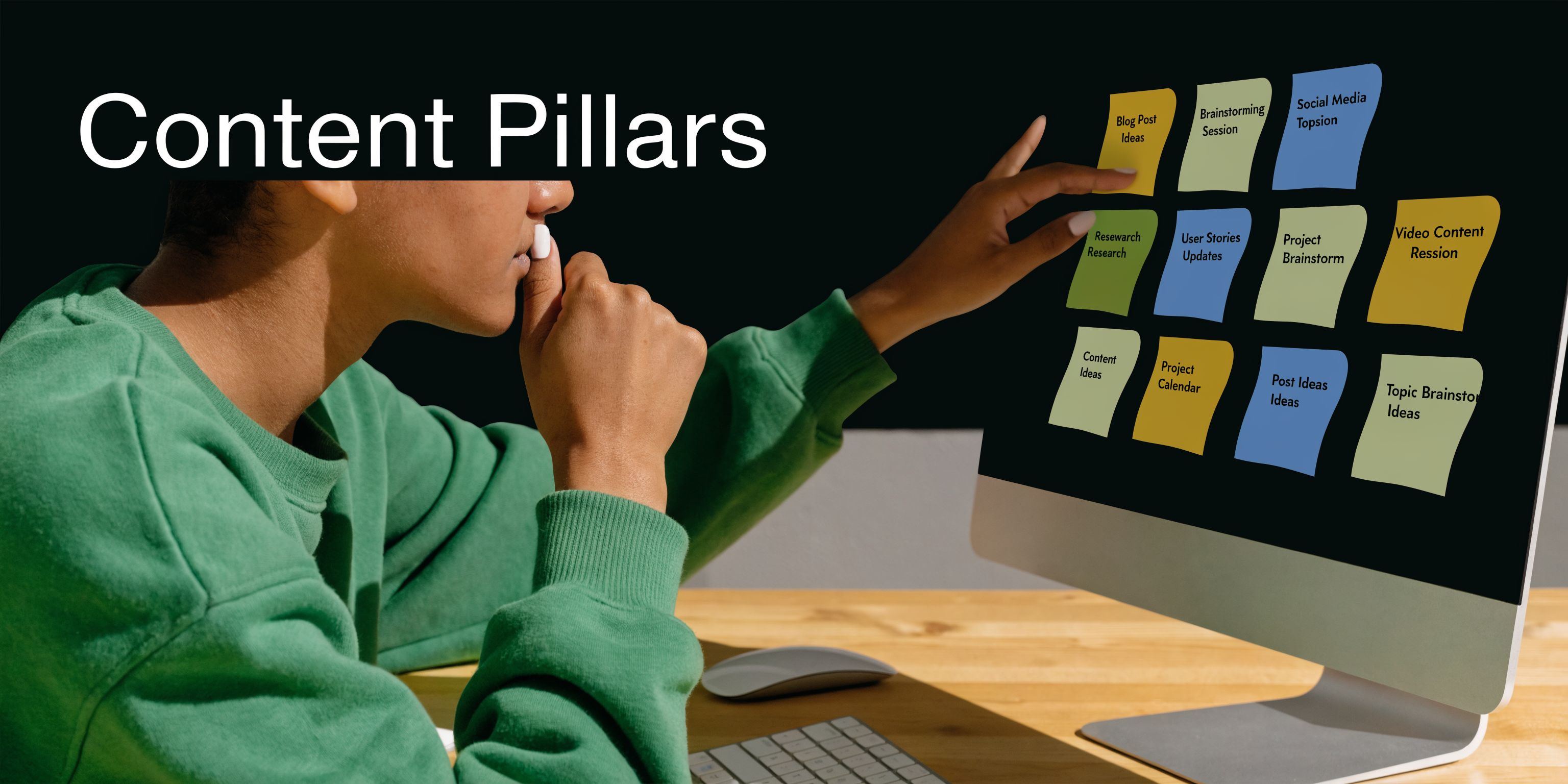 A person in a green sweater brainstorming content pillar ideas using digital sticky notes on a computer screen.