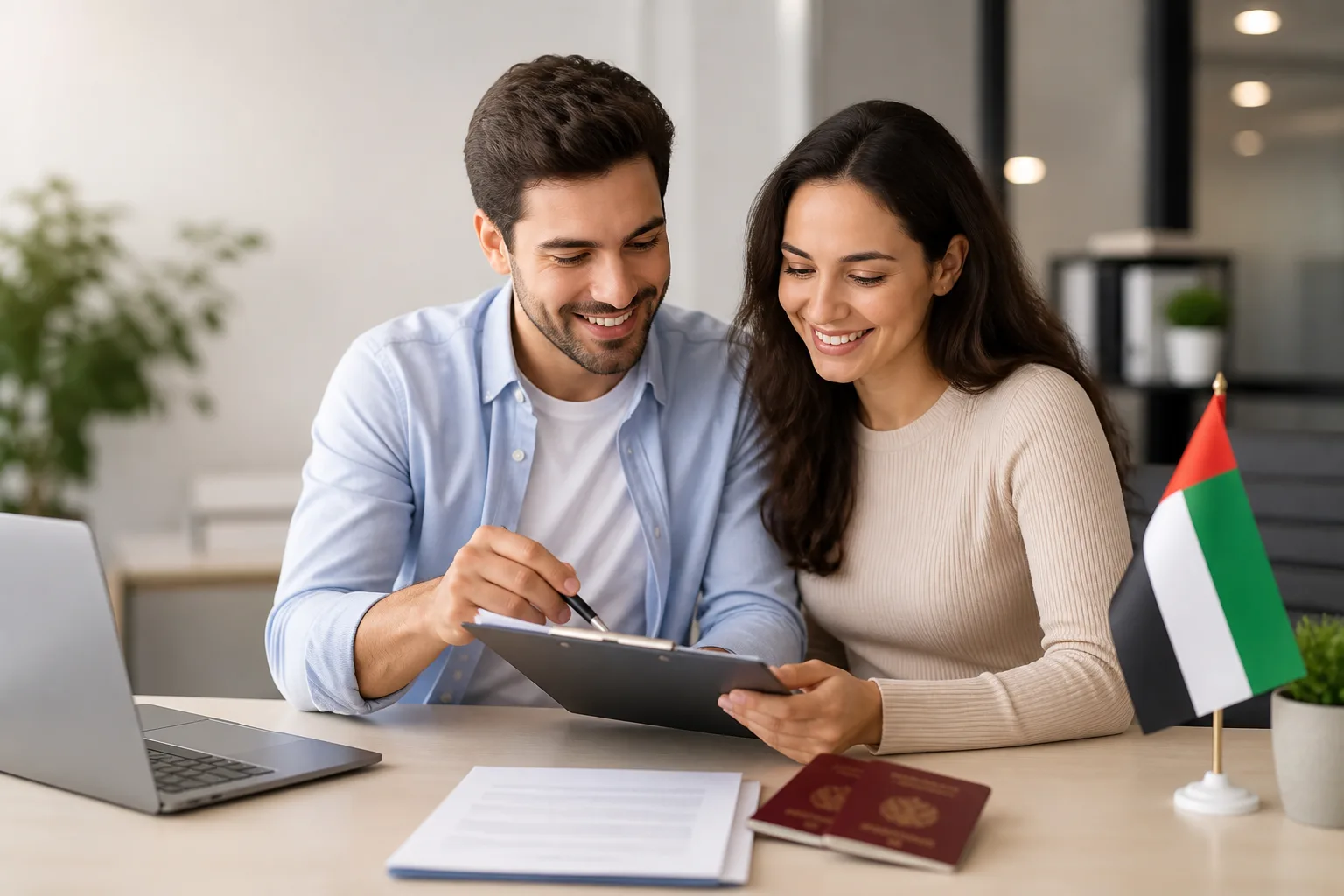 Partner Visa in Dubai beside a passport, residence permit card and application calendar