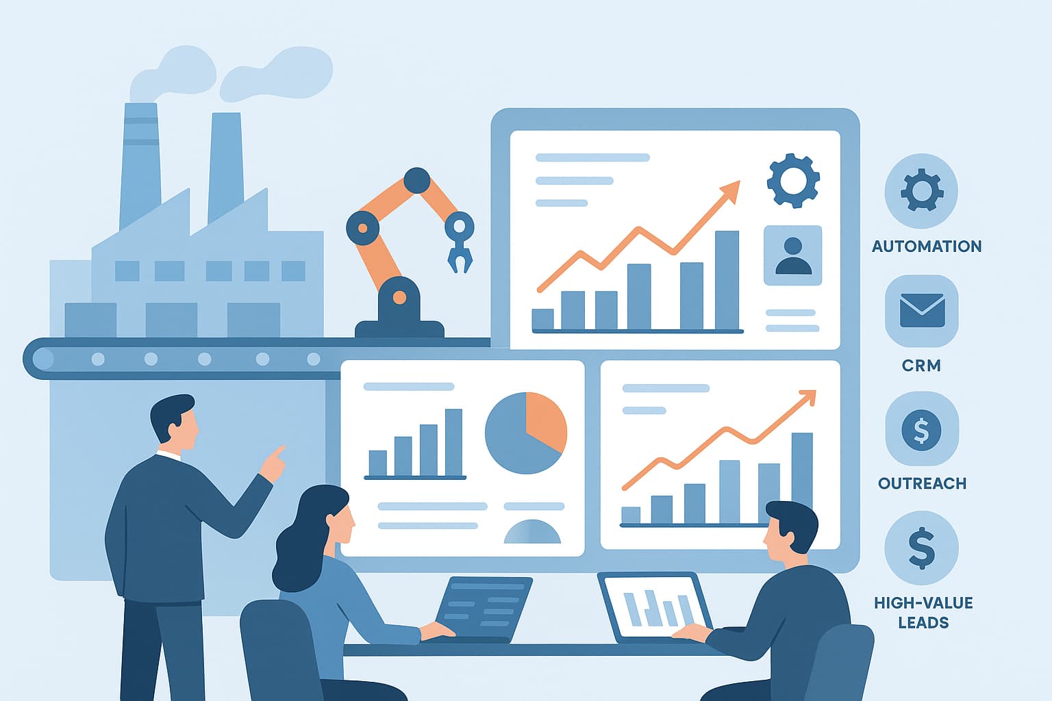 “This image depicts a manufacturing plant with data analytics dashboards and icons representing automation, CRM, outreach, and high-value leads, showcasing a B2B sales and marketing strategy”.