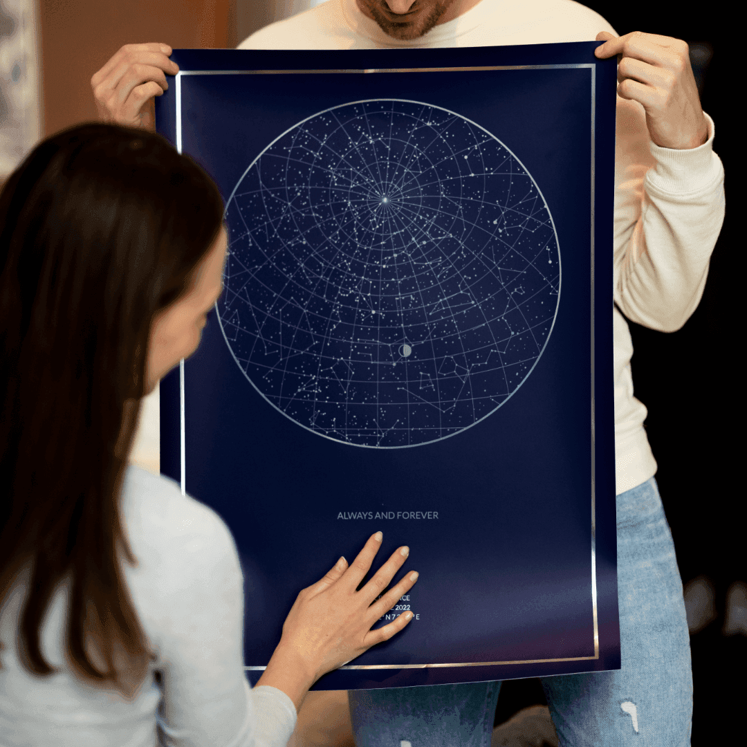 woman identifying stars on night sky star map