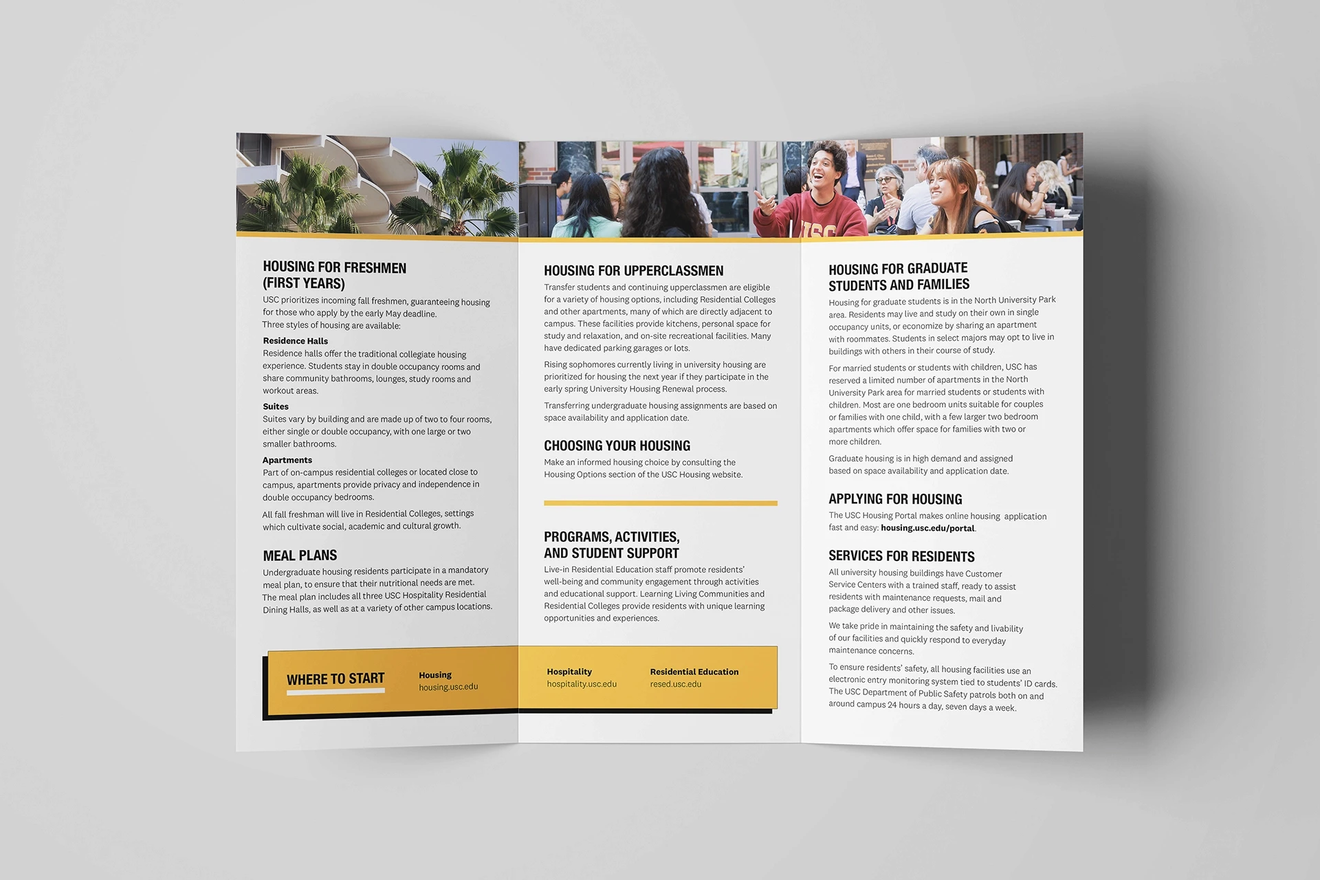 Top view of the "Guide to Housing at USC" brochure's inside spread (1/2)