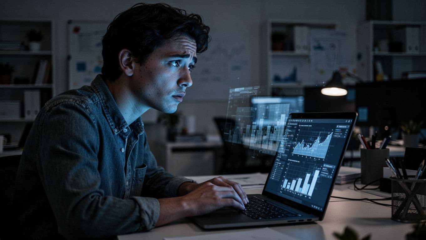 A person sits in a dark office, staring at a laptop screen that emits a bright blue glow. The digital charts appear pixelated and incomplete, highlighting missing data segments and tracking errors.