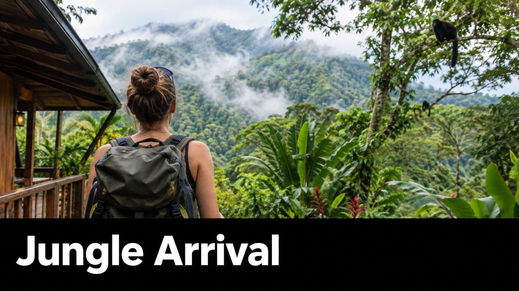 A woman with a backpack looking out at a lush, mist-covered mountain jungle landscape from a terrace.
