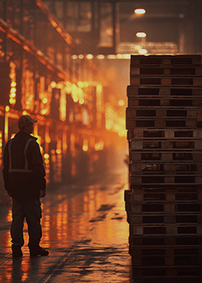 A man is walking in a warehouse with many pallets and many storage racks. The picture has an orange glow.