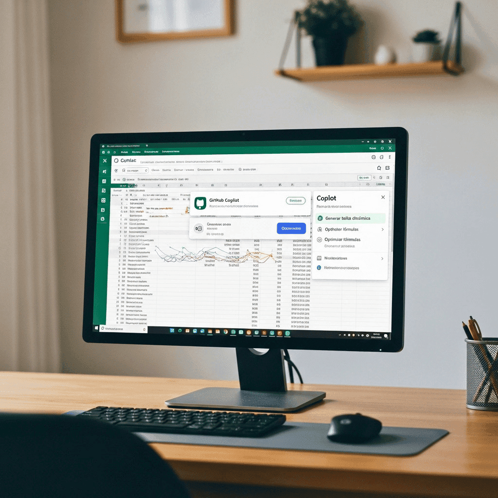 Monitor de escritorio mostrando una interfaz de hoja de cálculo integrada con un asistente de inteligencia artificial tipo Copilot para automatizar la gestión de datos y optimizar flujos de trabajo.
