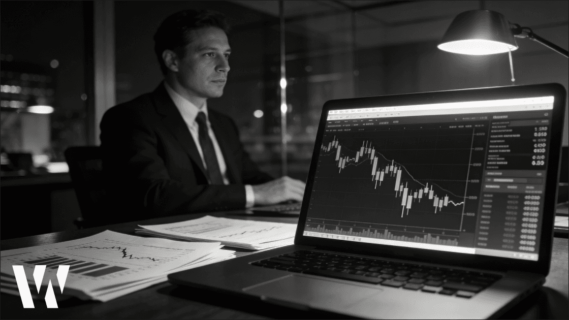 Black-and-white corporate office scene with a laptop displaying a downward candlestick chart, illustrating Strategy’s Bitcoin holdings turning underwater as BTC dips near $60K.