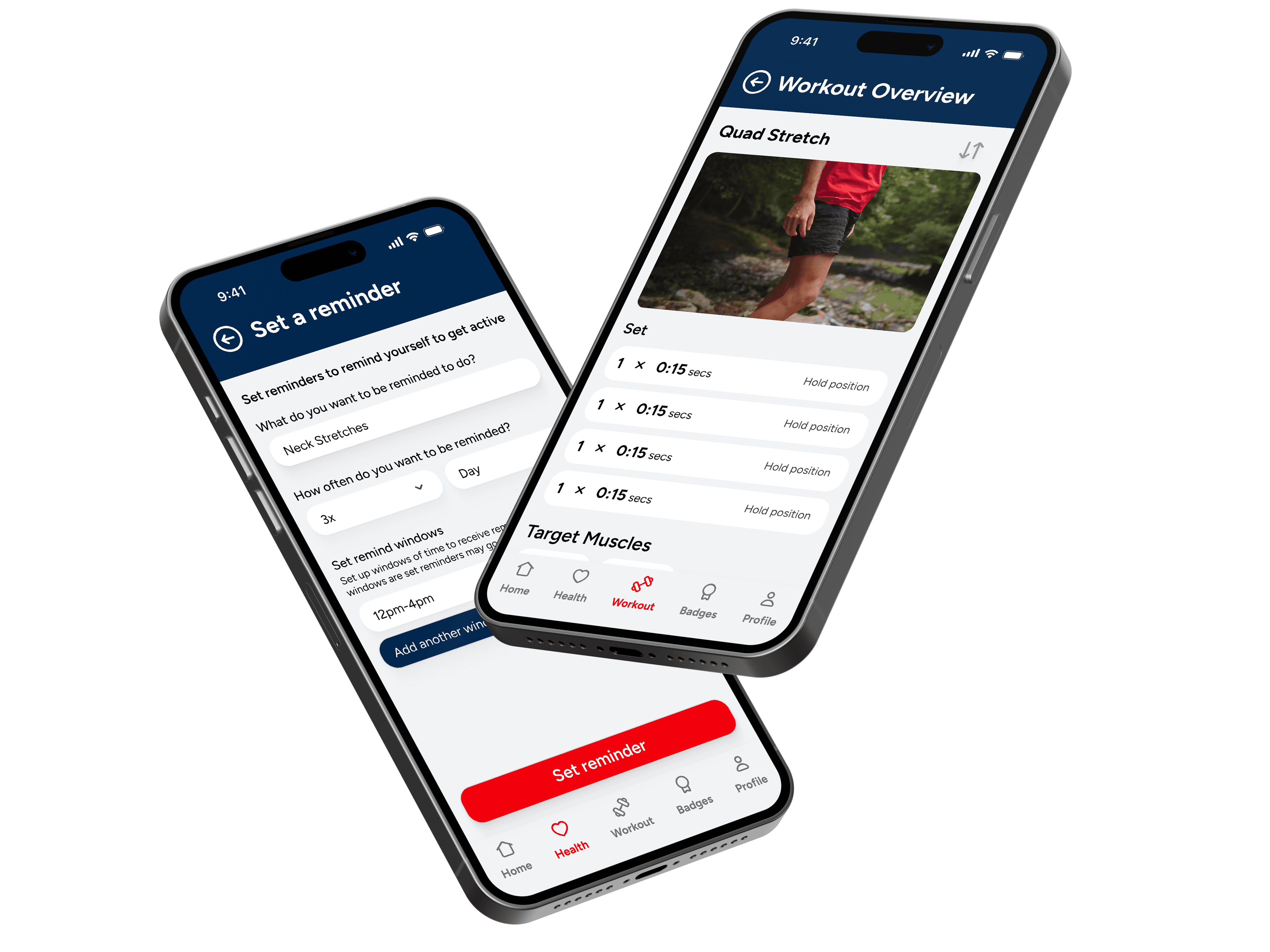 Image showing 2 phones showing the reminders screen and the workout overview page