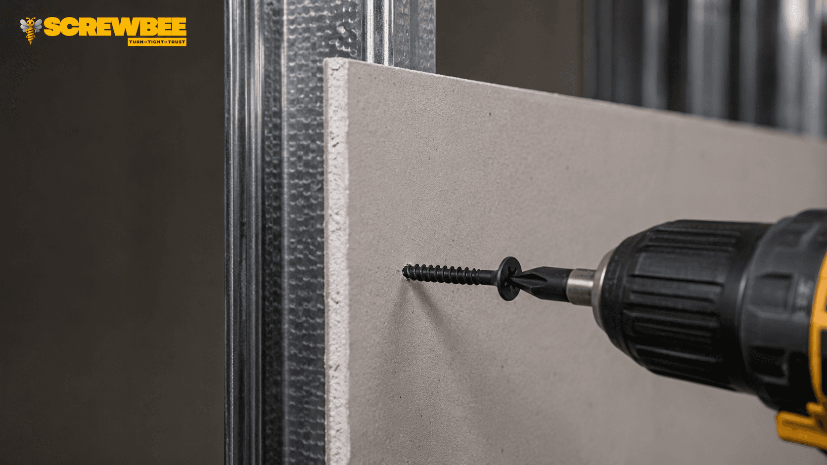Black Zinc Drywall Screw being installed through gypsum board into a metal stud