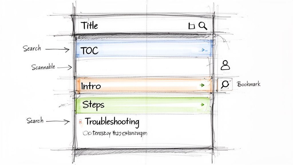 Hand-drawn sketch of a user interface showing a structured instruction manual template with TOC, Intro, and Steps.