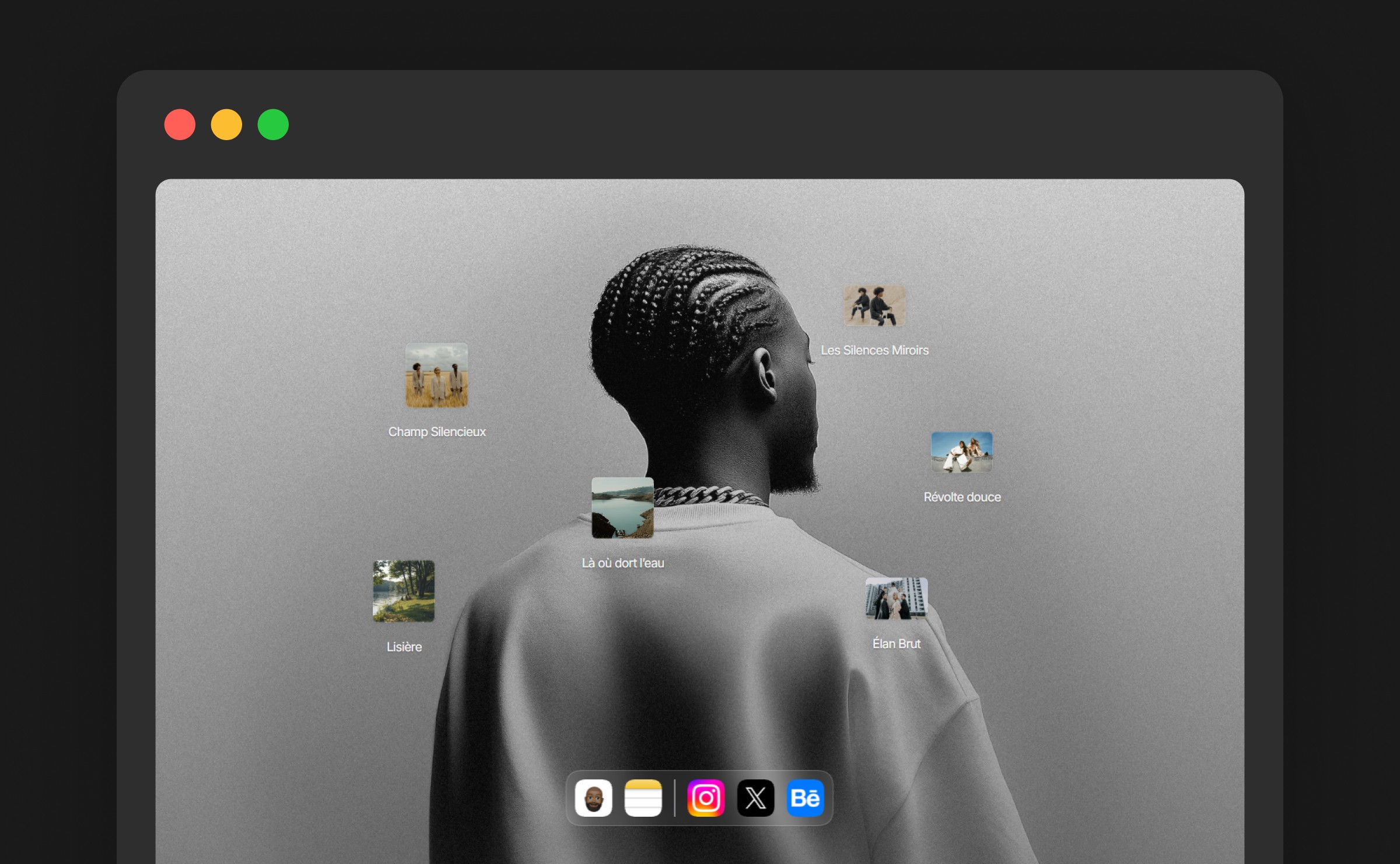MakOS free Framer portfolio template — macOS-inspired desktop portfolio with floating project thumbnails and a dock of social apps