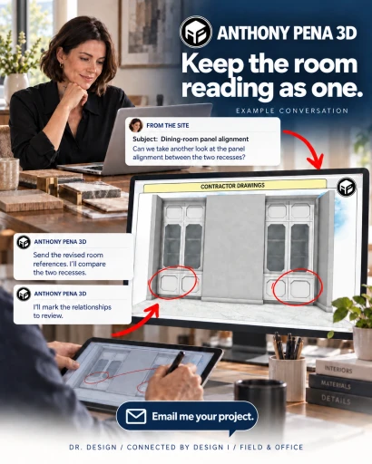 Illustrated designer at a laptop beside paired recessed cabinet models with lower panels circled.