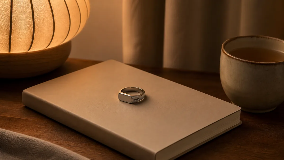Silver smart tasbih ring on a blank journal beside a warm cup at night