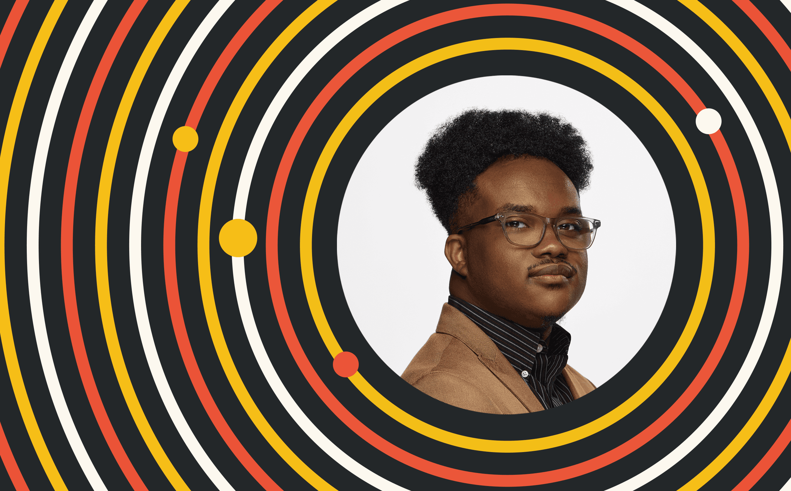 Karl Washington III headshot inside concentric circles alternating gold, red and white on a black background