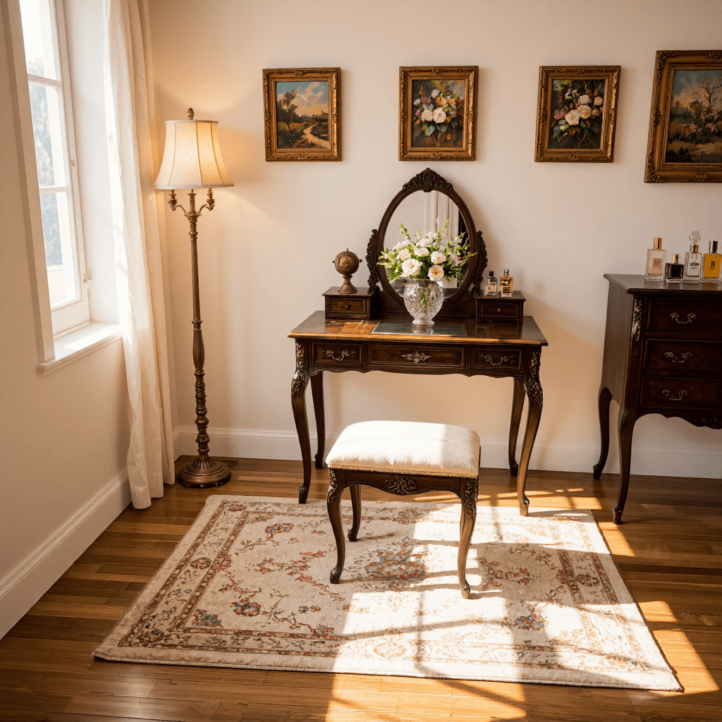 product photography of Elegant, antique-style vanity table and stool
