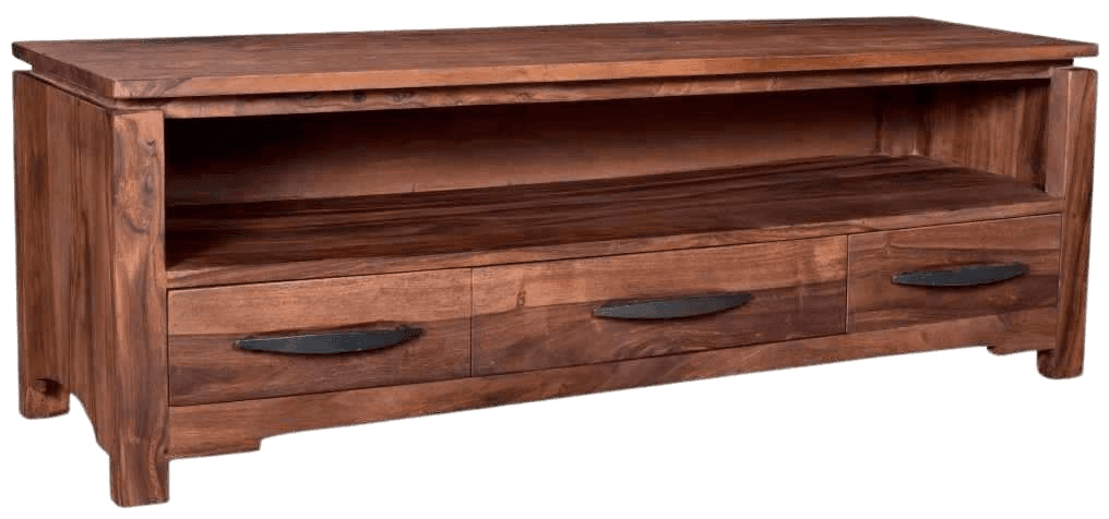 Wooden TV unit with open shelf and storage drawers