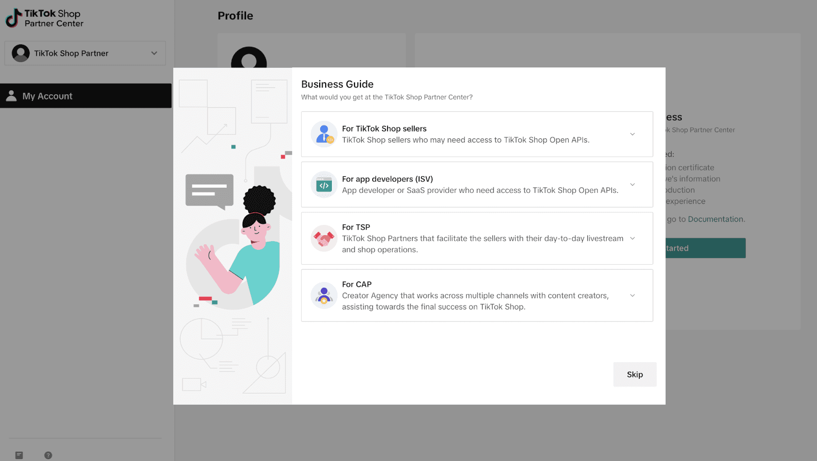 Screenshot of a web interface showing a pop-up titled "Business Tools" with four options for different TikTok account types
