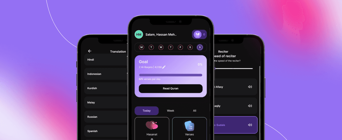 Quranly App displaying various features of it, including translation options, reading goals, and reciter selections, representing modern digital tools for accessing Quranic texts.