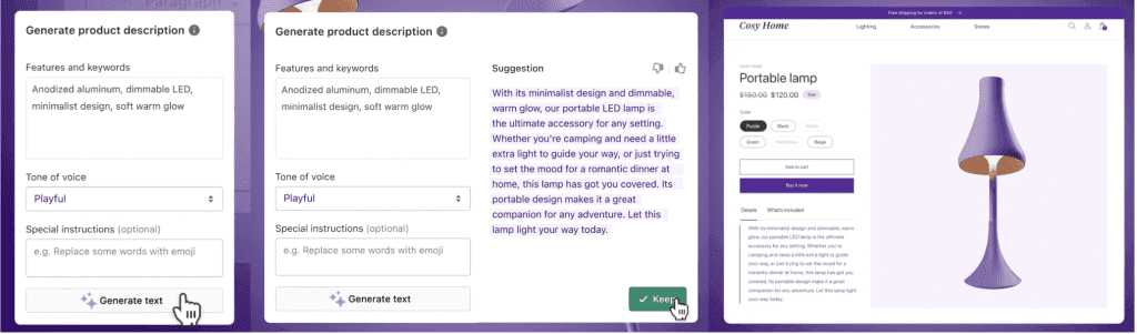Shopify Magic generating a product description from keywords and tone of voice for a portable lamp
