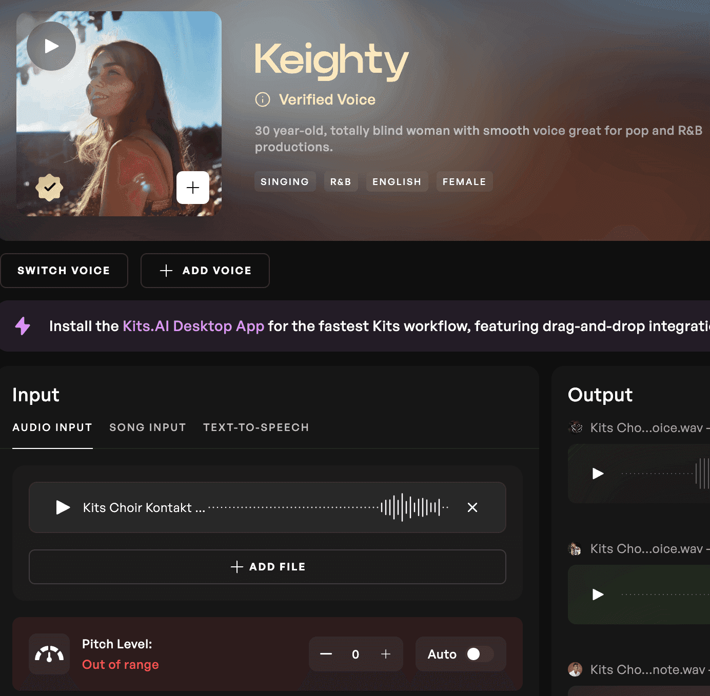 Keighty Verified Voice model on Kits AI. The pitch level is out of range