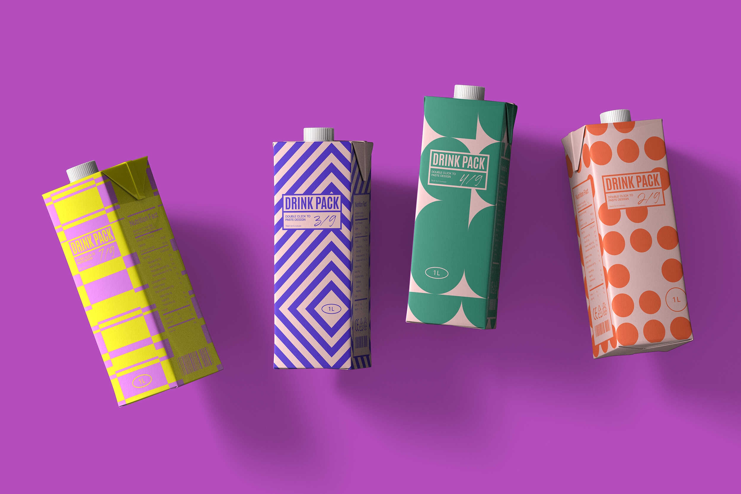 Four drink cartons floating on lavender background in varied patterns