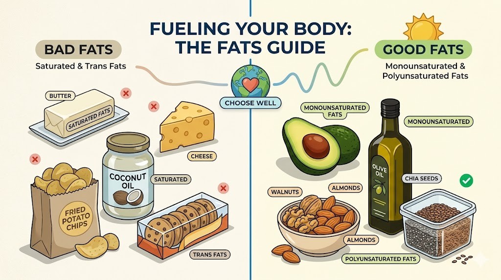 A split-screen infographic comparing "Bad Fats" (butter, cheese, fried chips) in muted tones on the left with "Good Fats" (avocado, olive oil, nuts, seeds) in vibrant colors on the right.