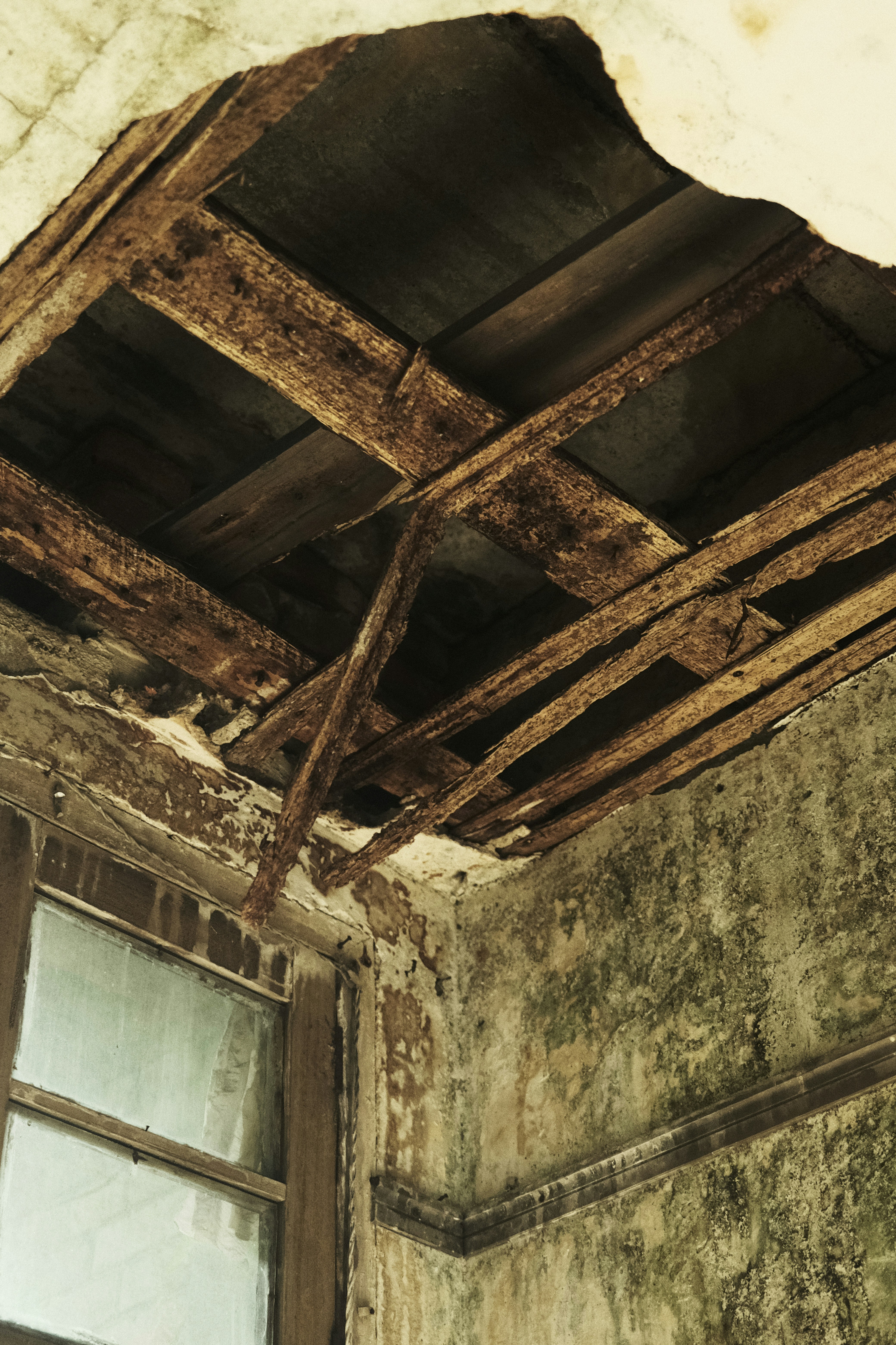Rusted beams and decaying ceiling in an abandoned room.