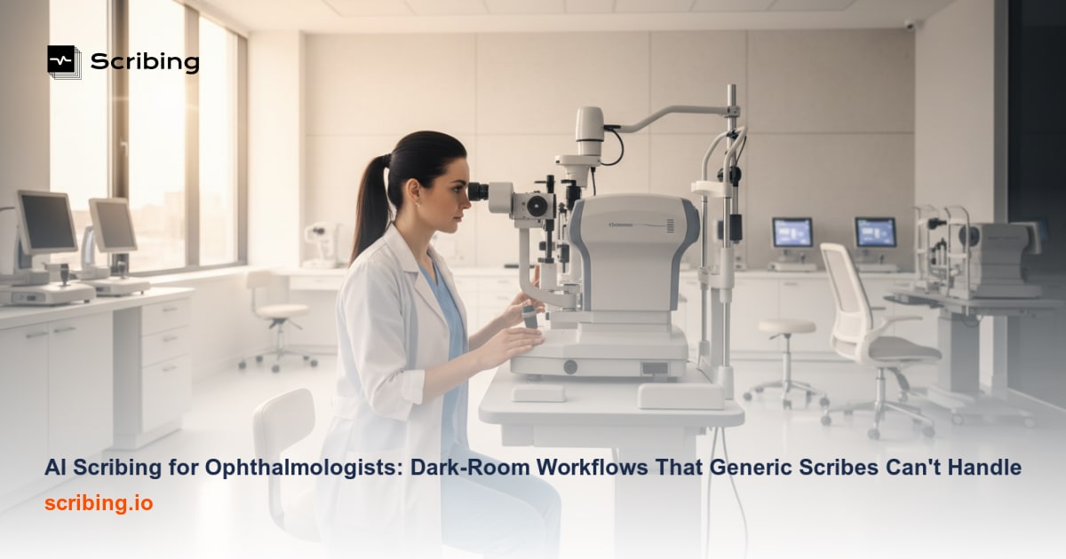 Dark ophthalmology exam room with slit lamp equipment illustrating the unique hands-free documentation challenges AI scribing addresses for ophthalmologists