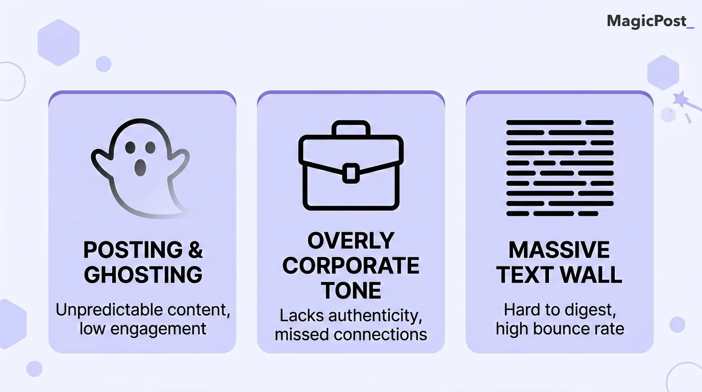 Infographic showing three common LinkedIn engagement mistakes: posting and ghosting, overly corporate tone, and massive text walls