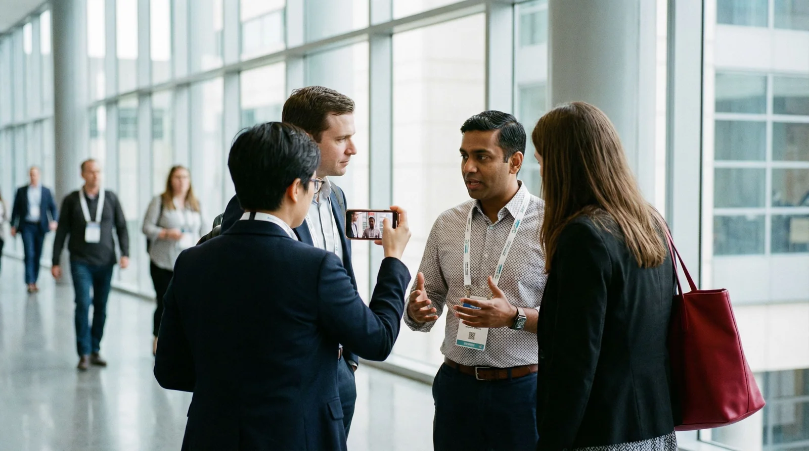 Professional mid-stride in conference hallway, smiling at phone, lanyard and branded tote bag, natural candid moment between sessions