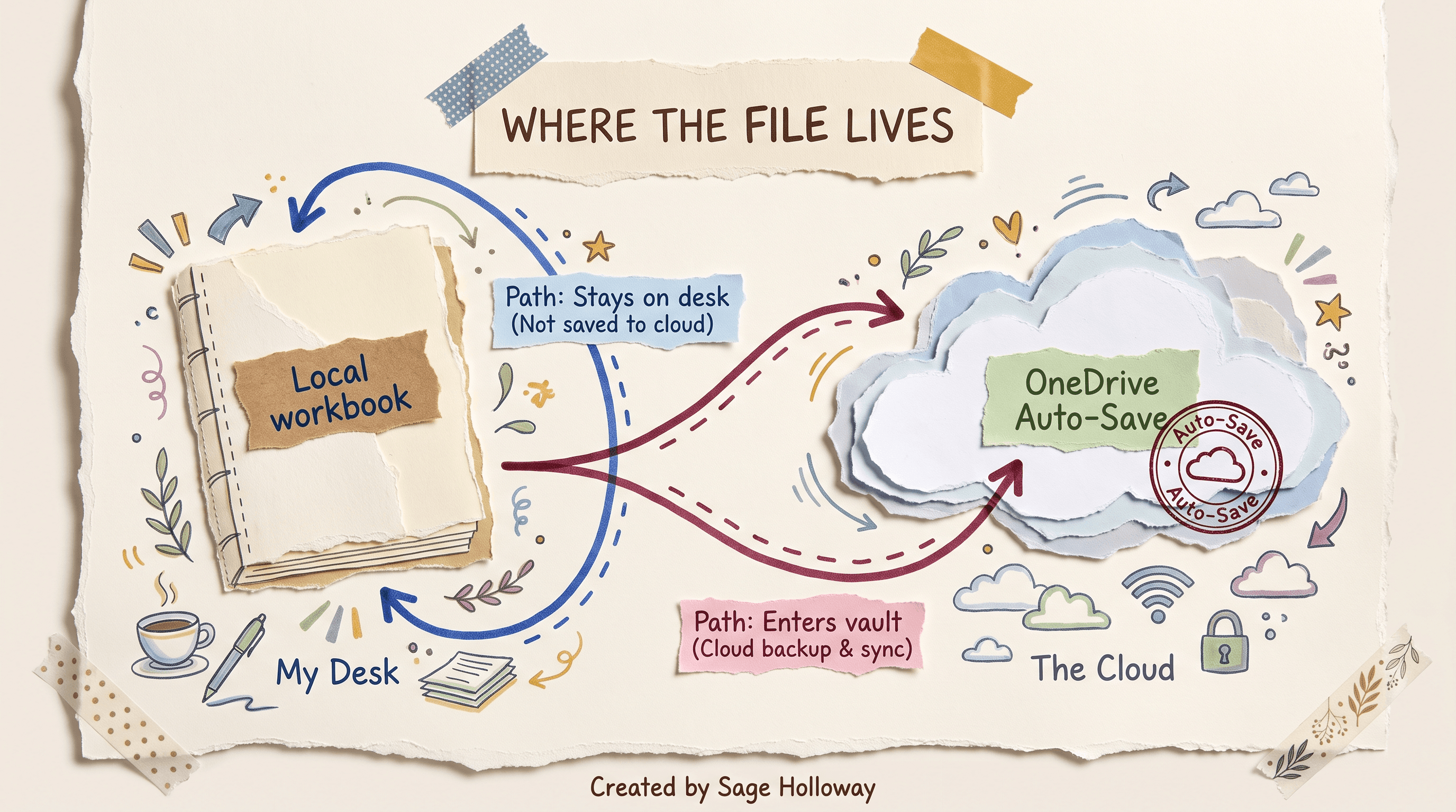 Scrapbook diagram of a local offline workbook path versus a Copilot OneDrive Auto-Save path