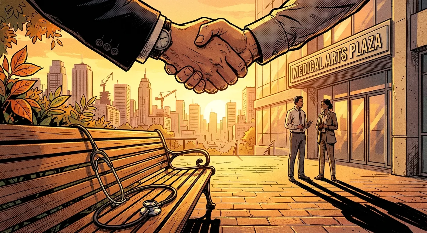 Handshake at sunset near Medical Arts Plaza, symbolizing RockN' Socials Digital Marketing Agency.