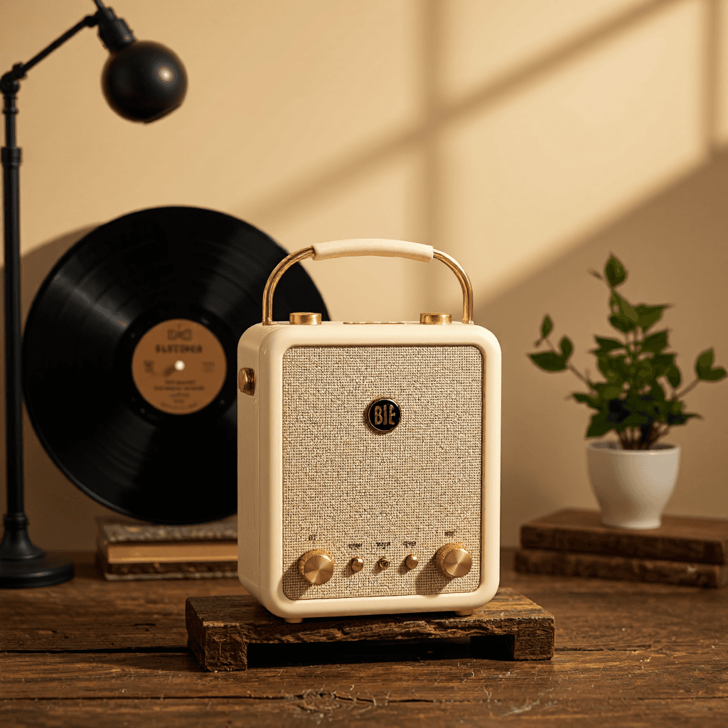 product photography of a portable Bluetooth speaker with a retro design