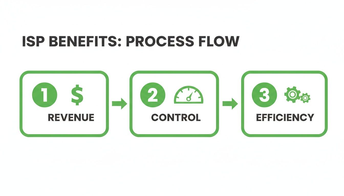 A green infographic illustrating ISP benefits process flow: Revenue, Control, and Efficiency.