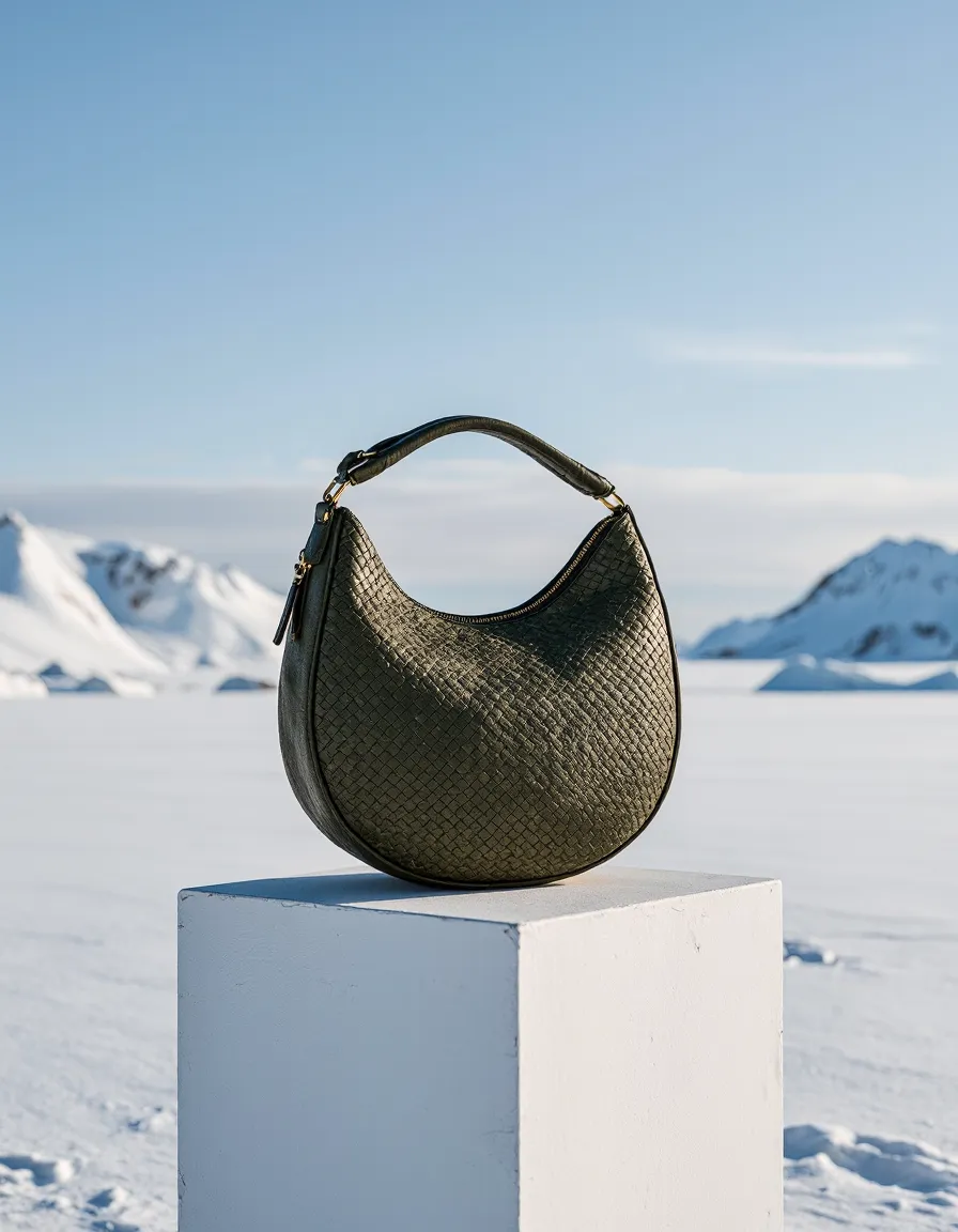 Olive green woven hobo bag on white pedestal with snowy mountain landscape backdrop