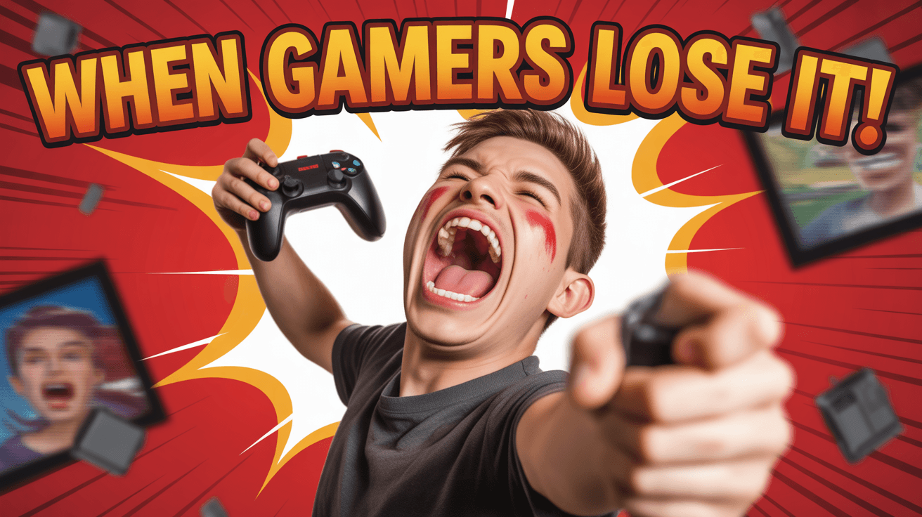 Screaming gamer with flying controller and When Gamers Lose It headline on comic explosion background