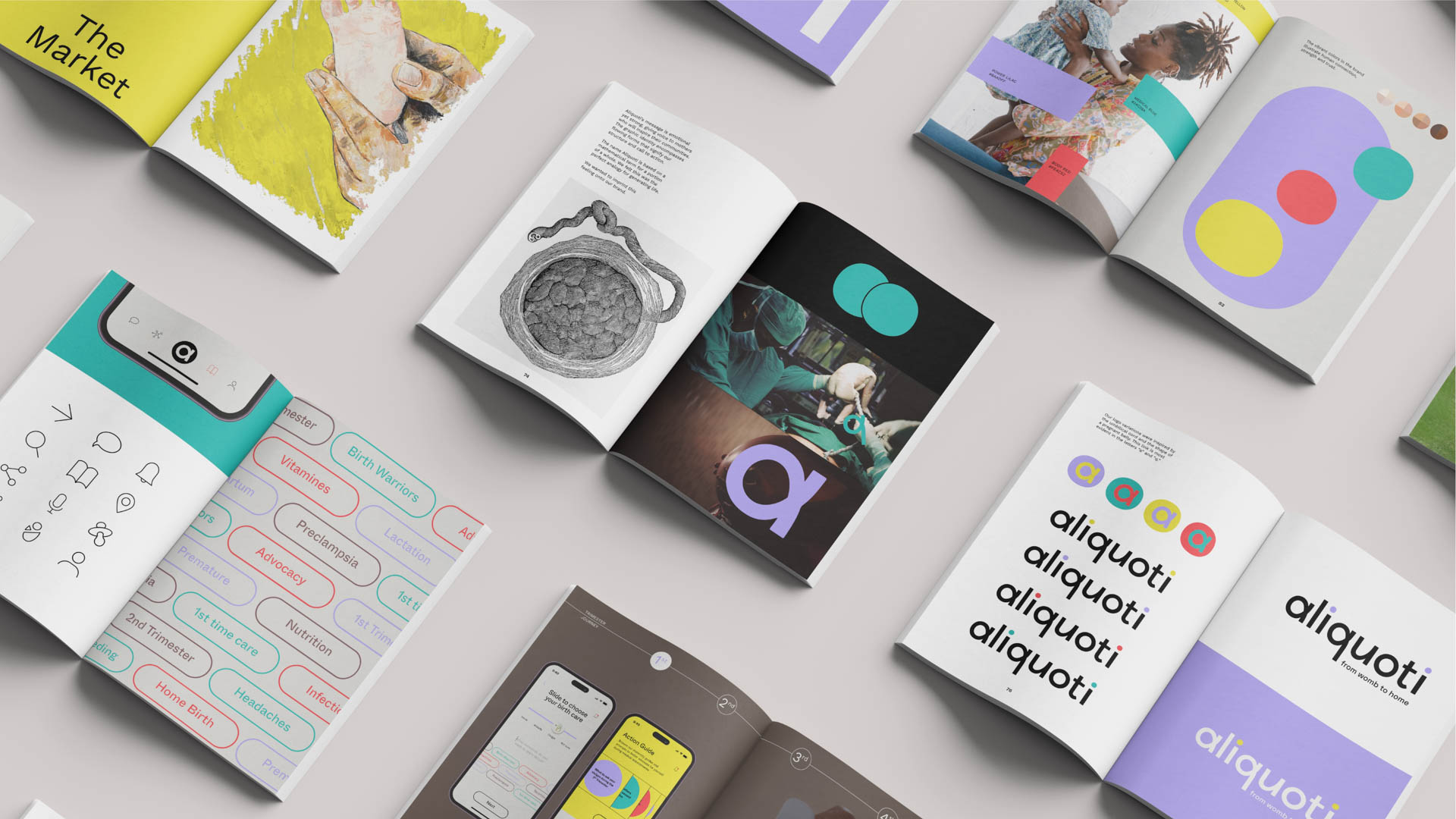 The image displays an open book titled “aliquoti” lying flat on a light gray surface. The cover features a white background with the word “aliquoti” written in black lowercase letters. Inside the book, various colorful illustrations and text are visible, including abstract shapes and text in different fonts and sizes. The book’s pages are spread out, with some showing text and others featuring illustrations. The cover also has a teal band along the left edge.