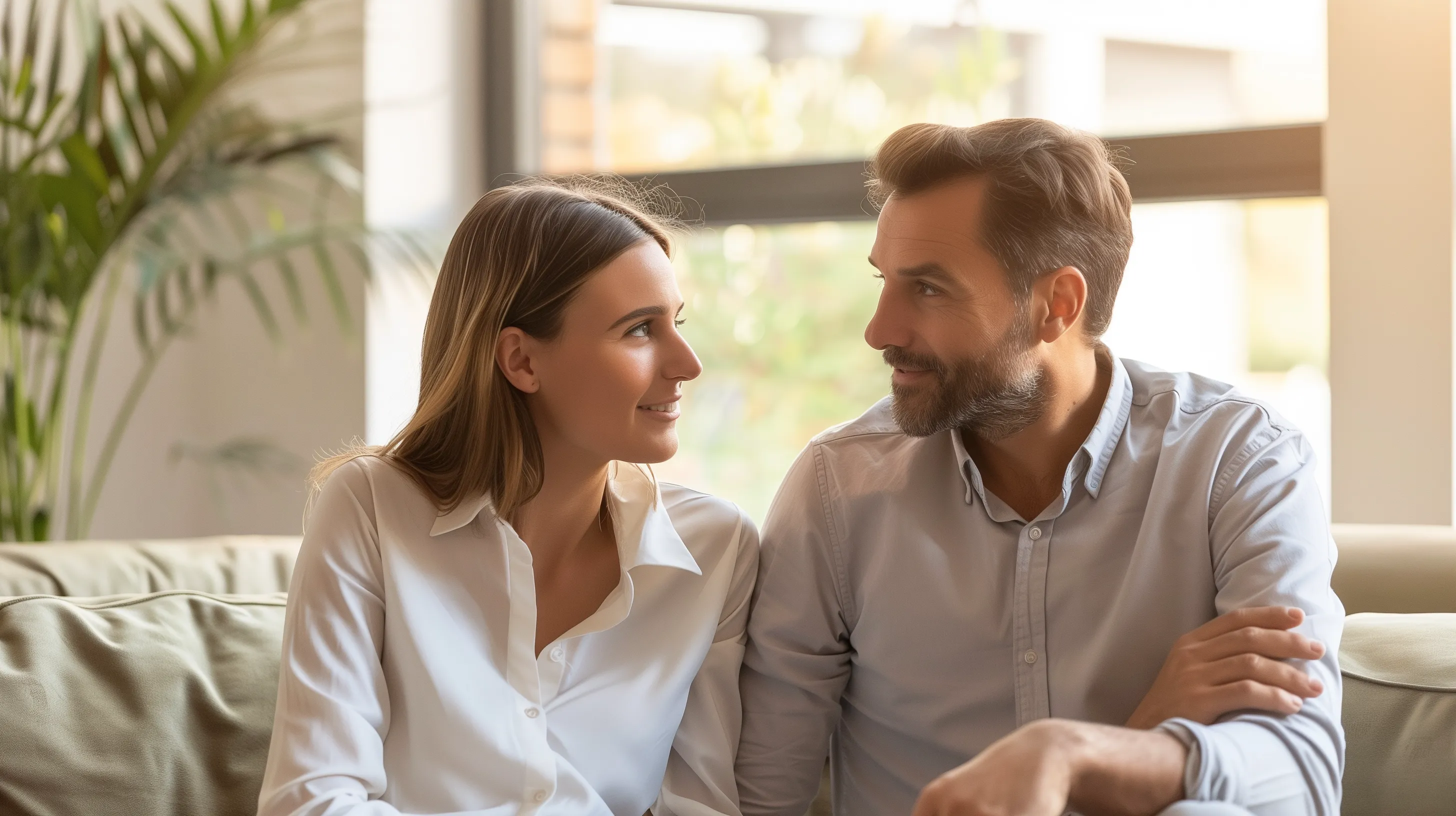 Couple sitting apart on couch, looking away, with soft light representing hope for reconnection
