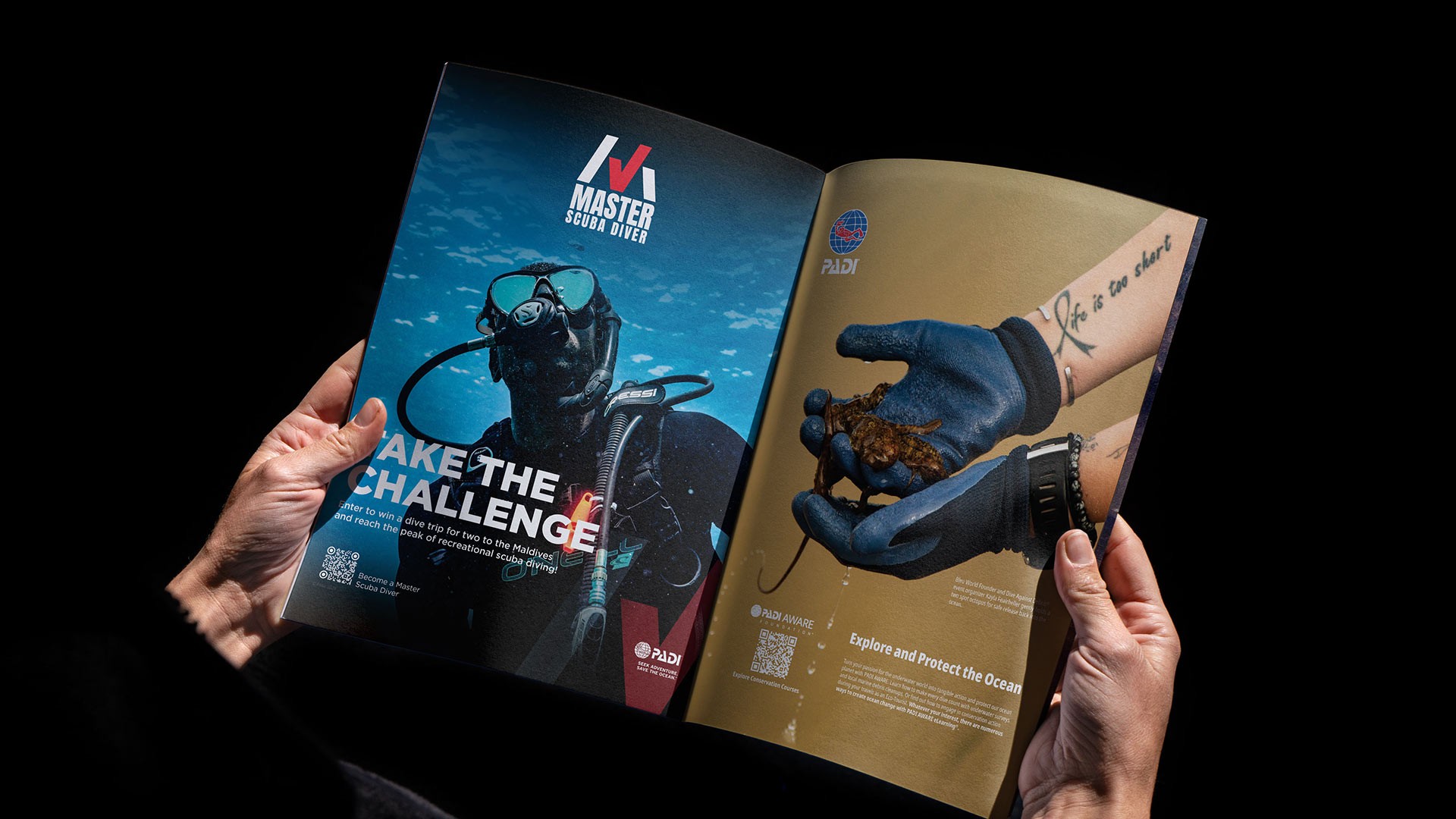Magazine spread for the Master Scuba Diver Challenge campaign featuring bold underwater photography, branded editorial layouts, and promotional messaging designed to celebrate achievement, inspire participation, and reinforce the aspirational identity of becoming a Master Scuba Diver.