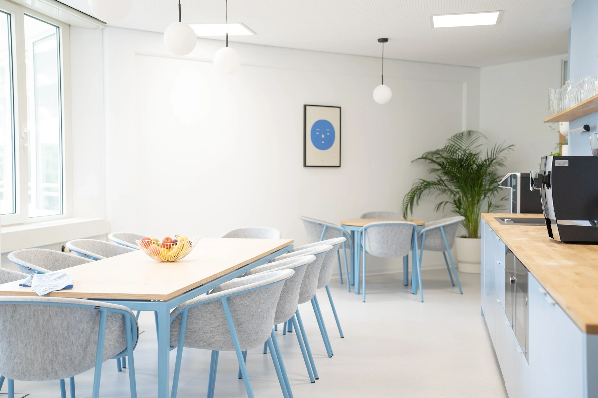 Kitchen and dining area at NFON with light blue cabinet fronts and matching chairs with grey felt seats, wooden tables, globe pendant lights, a coffee machine and a large palm plant.