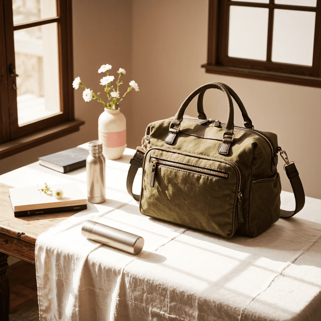 product photography of a shoulder bag with a thermos