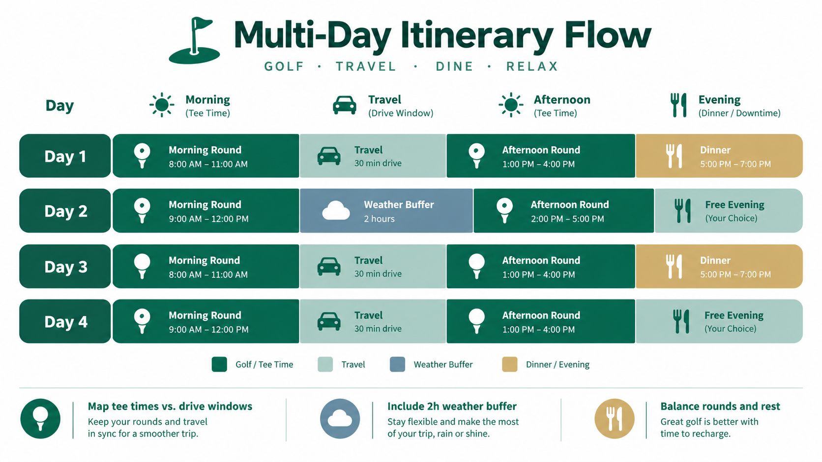 A visual schedule showing a multi-day golf trip itinerary with tee times, travel, and free time.