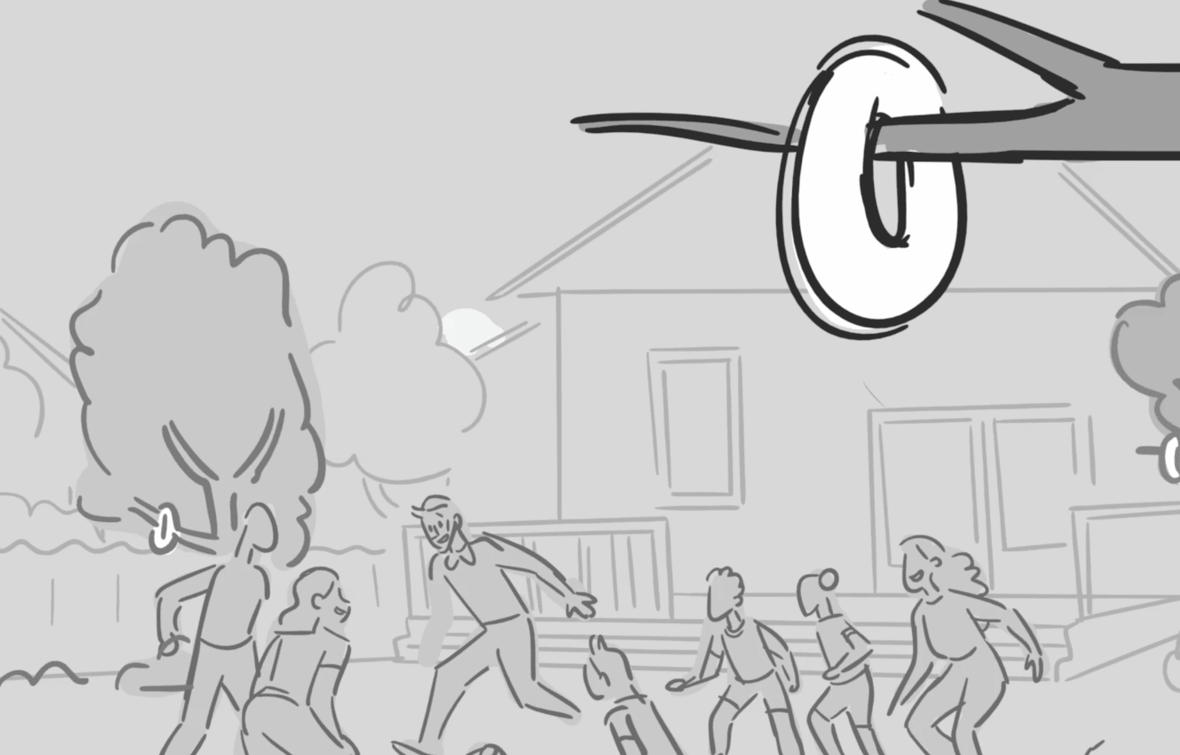 The white band dangles on a treebranch as the neighborhood kids play a game of soccer in the background