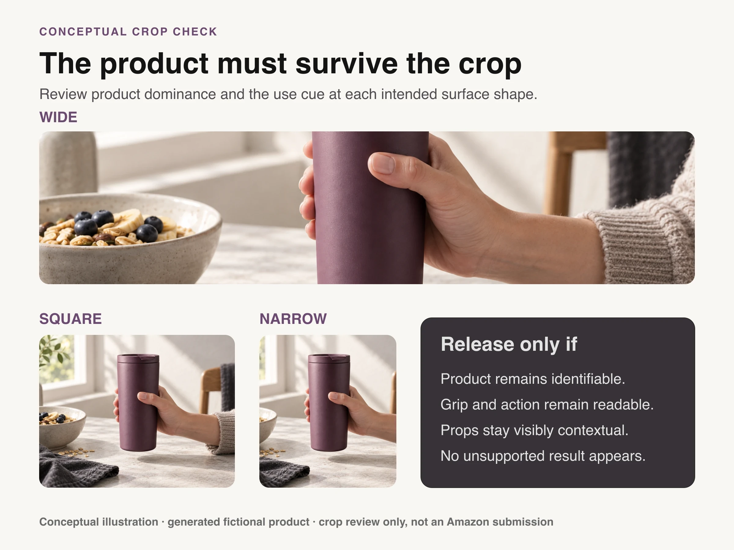 Conceptual tumbler use scene shown in wide, square, and narrow crops beside release checks