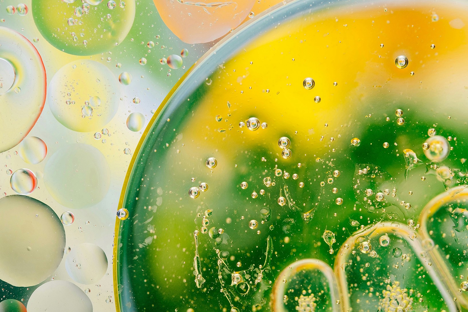 Abstract macro image of green and yellow liquid forms with suspended bubbles and translucent layers.