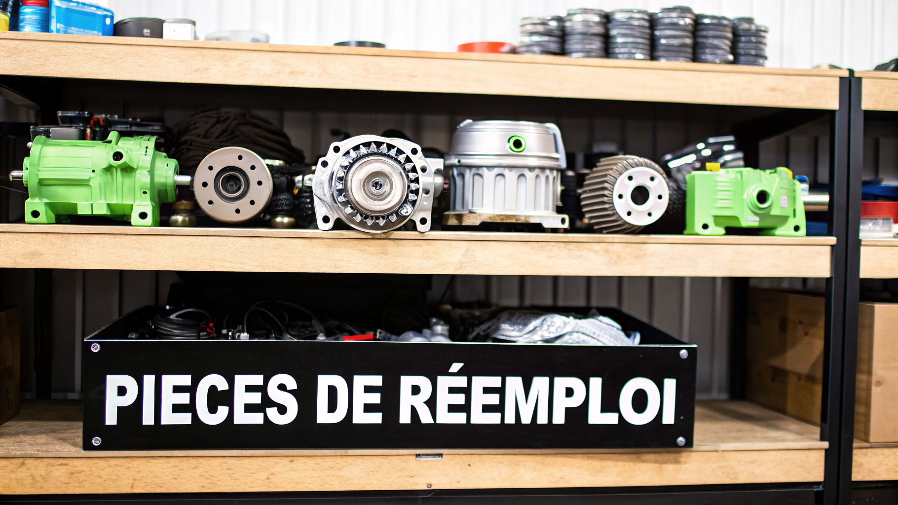 Pièces automobiles de réemploi organisées et stockées sur des étagères en bois, prêtes à être réutilisées.